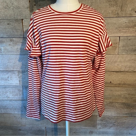 🛍️3/$30 H&M women’s  striped ruffled long sleeved shirt in size medium - Picture 7 of 15